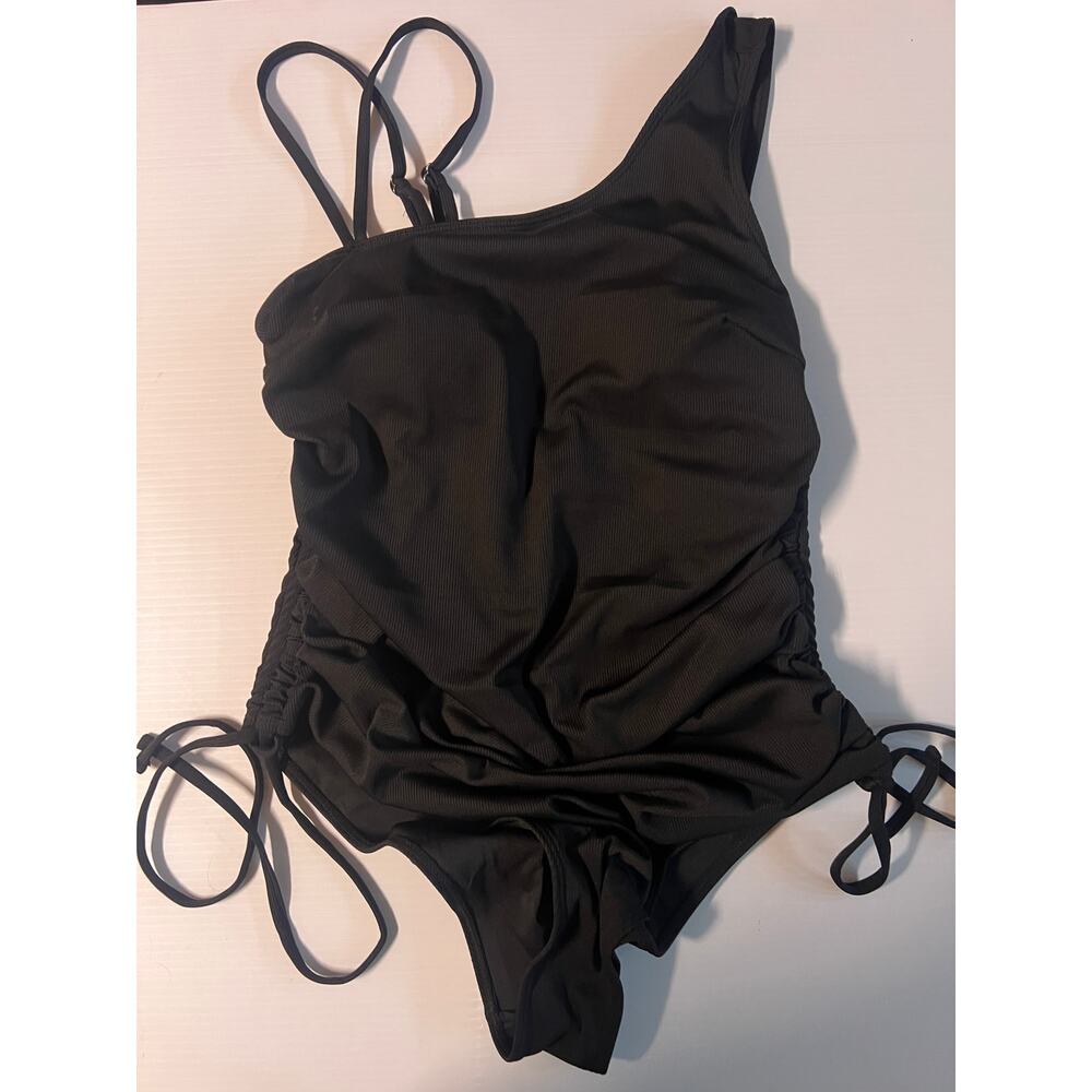 Black One Shoulder Ruched Ribbed One Piece Swimsuit Plus Size 1XL